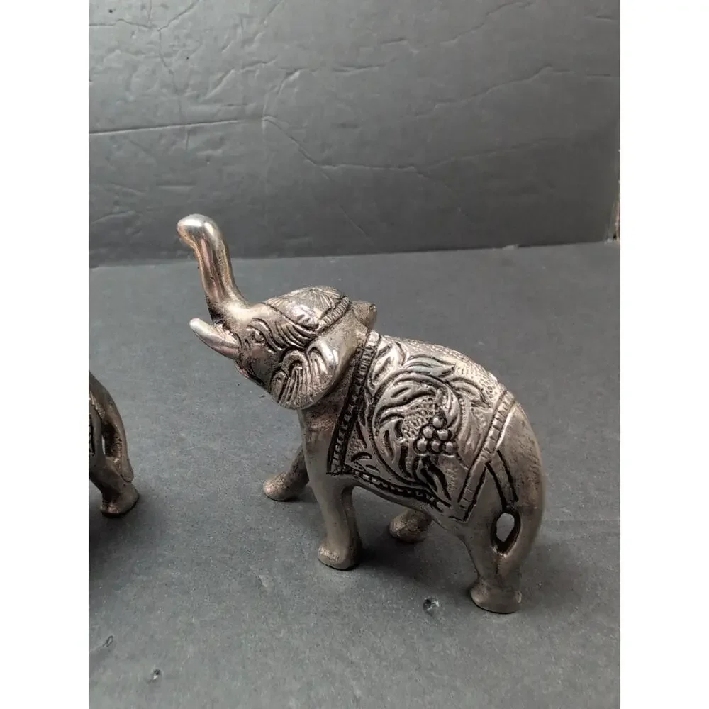 Lot Of 2 India Metal Elephants Hand Carved Collectible Trunks UpFigures 4